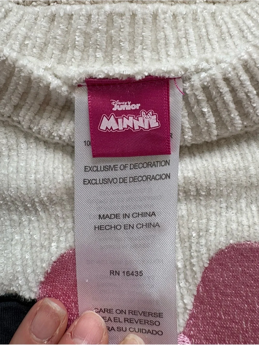 Disney Junior Girls Cream Knit Sweater with Black Minnie Silhouette and Pink Bow